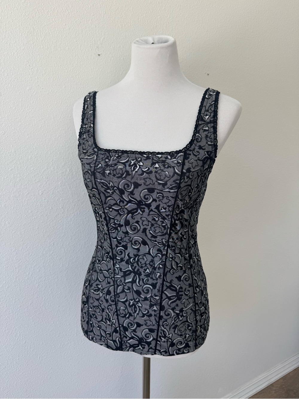 White House Black Market Grey and Black Floral Corset Style Tank Top